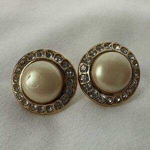 Vintage Faux Pearl and Rhinestone Studs Gold Tone Round Earrings